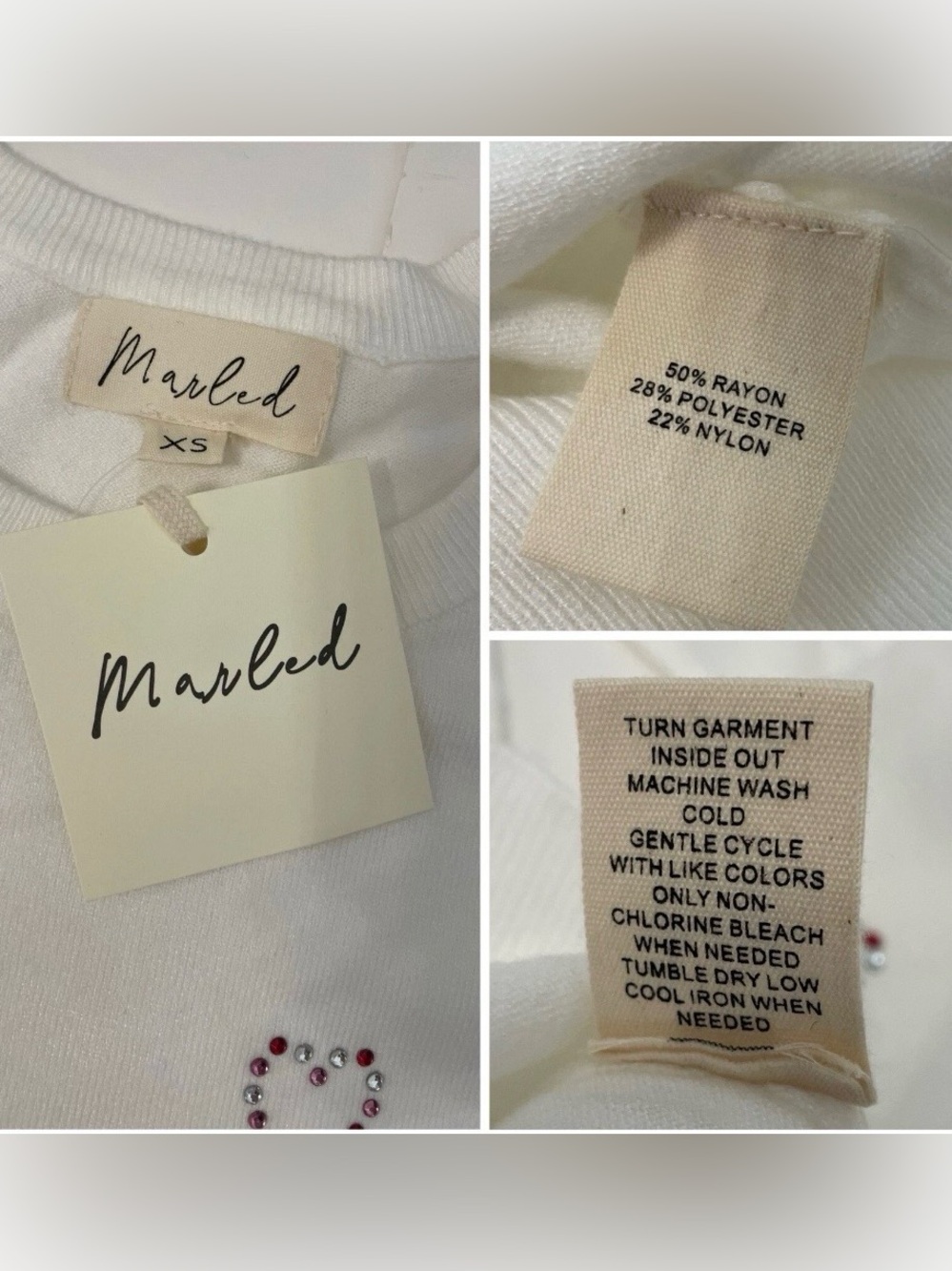 Marled White Rhinestone Heart Sweater Womens XS Crew Neck Soft Knit NEW - Picture 7 of 7